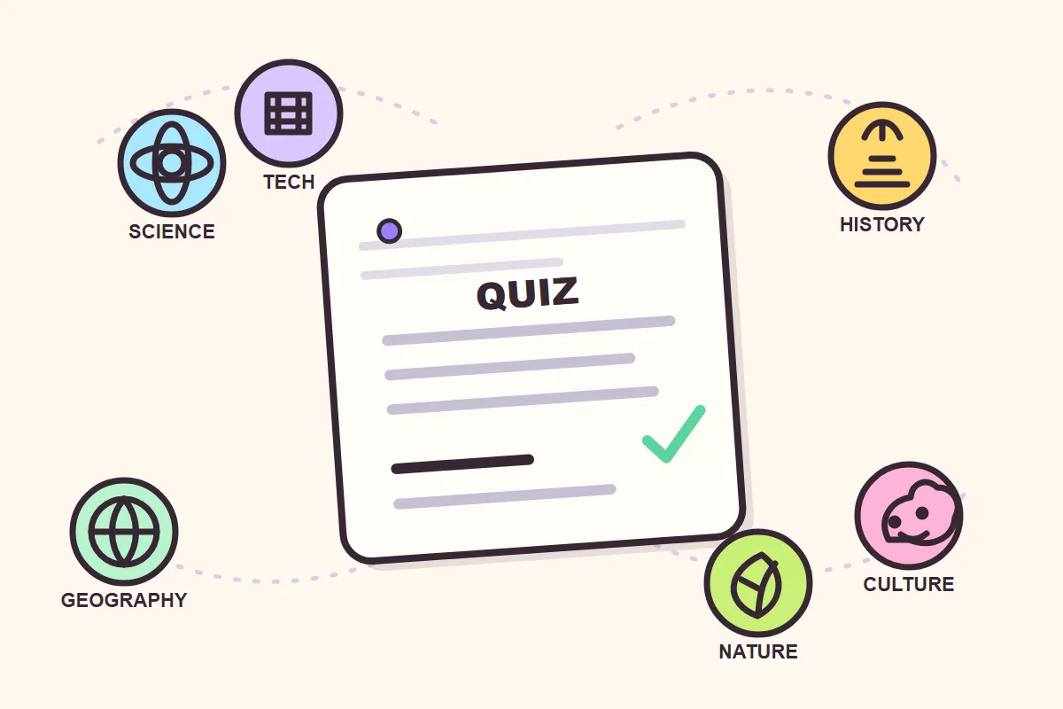 Ilustração editorial de uma folha de quiz cercada por símbolos de ciência, história, geografia, cultura, tecnologia e natureza